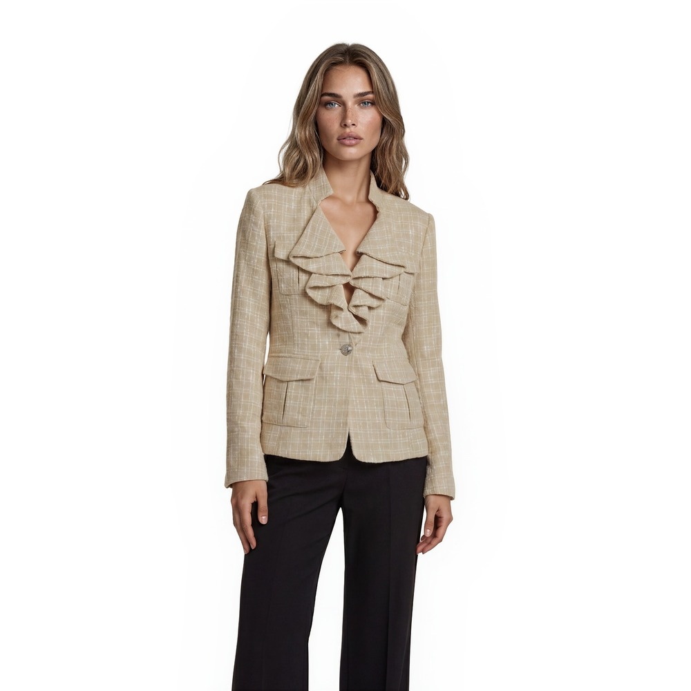 Giancarlo Ferrari Blazer Women's Size Medium Cream‎ Tweed Ruffle Crystal Button